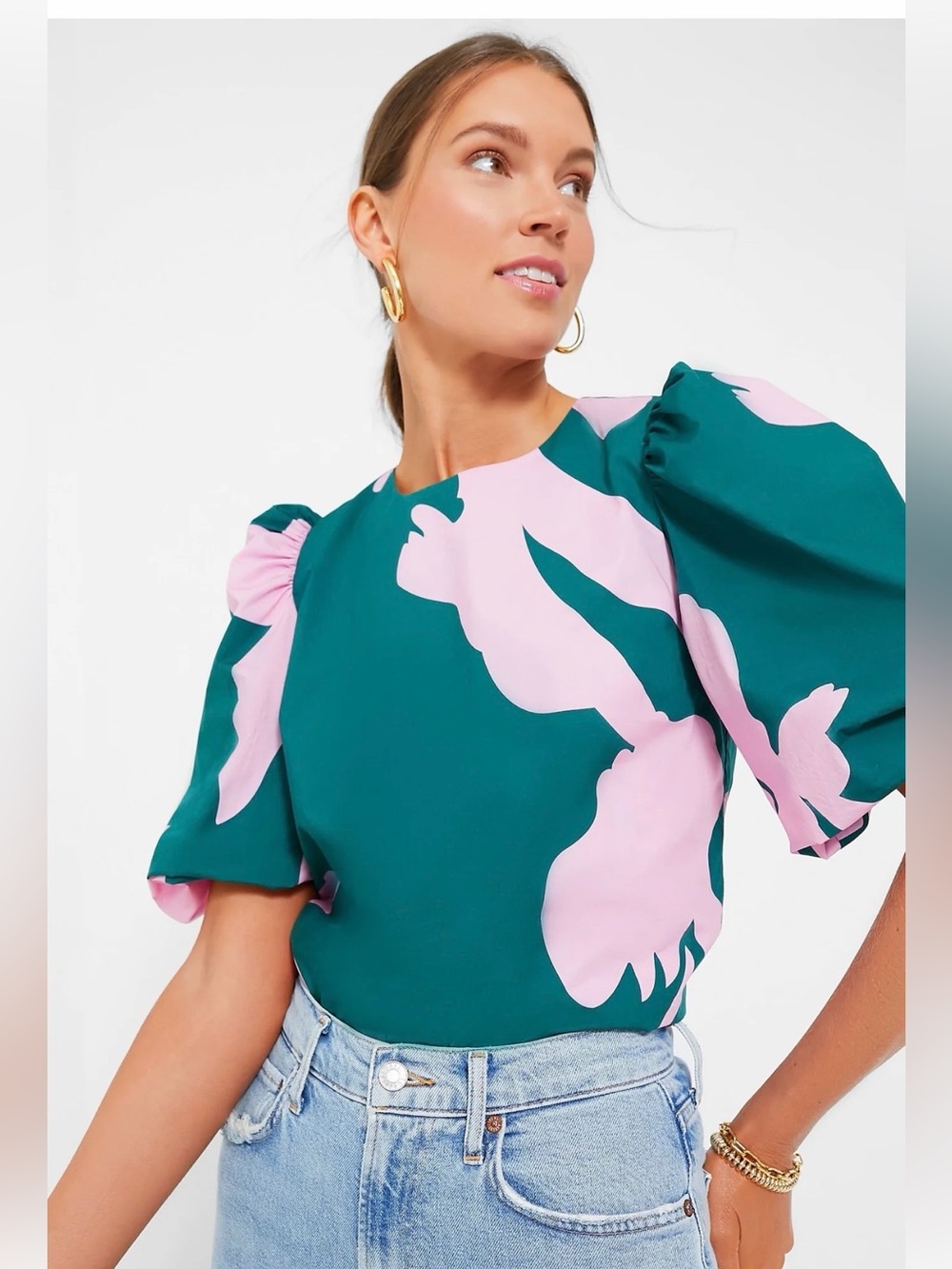 Tuckernuck Hyacinth House Pink & Green Floral Puff-Sleeve Blouse